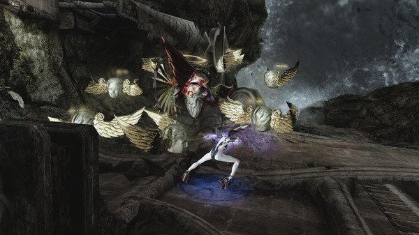 Bayonetta screenshot: Bayonetta battles angelic creatures on a rocky platform, showcasing dynamic combat and mystical powers.