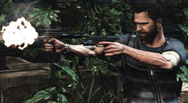 Max Payne 3 screenshot: A character in tactical gear fires a rifle amidst lush greenery, showcasing intense action scenes.