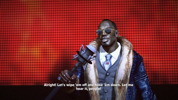 Dead Rising 2 screenshot: A man in fur-trimmed clothing speaks into a microphone against a red checkered backdrop.