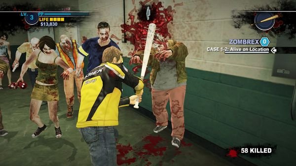 Dead Rising 2 screenshot: Player character swings a bat at approaching zombies in a blood-splattered corridor.