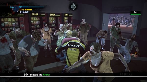 Dead Rising 2 screenshot: A character fights off a horde of zombies in front of snack machines in an arena setting.