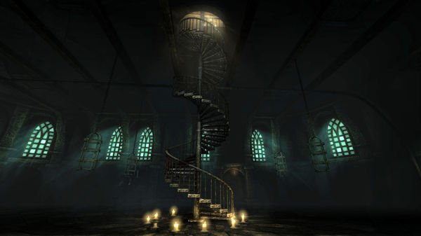 A screenshot from Amnesia: The Dark Descent showing a dimly lit spiral staircase surrounded by glowing candles in a dark hall.