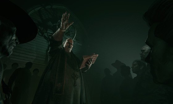 Outlast 2 screenshot: A preacher holds a book and raises a hand in a dark setting, surrounded by a group of people.
