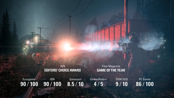 Alan Wake screenshot: A tense scene where the protagonist aims a weapon at shadowy figures in a dark, foggy outdoor setting.