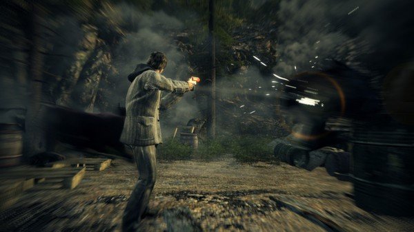 Alan Wake screenshot: The protagonist aims a gun at a shadowy figure in a forest setting, with dynamic action effects.