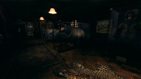 Screenshot from Amnesia: A Machine for Pigs showing a dimly lit room with taxidermy animals and a leopard rug on the floor.