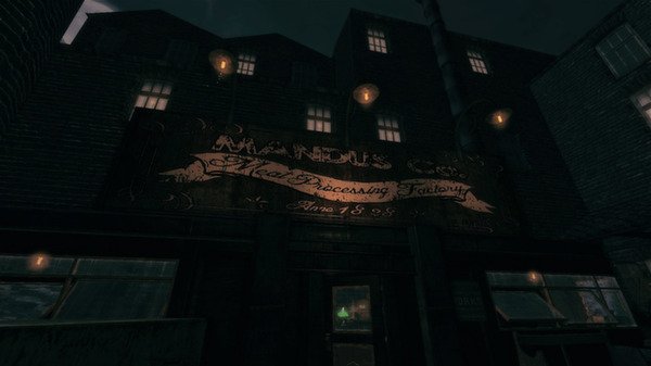 Screenshot from Amnesia: A Machine for Pigs showing the Mandus Co. Meat Processing Factory at night with glowing lights and dark buildings.
