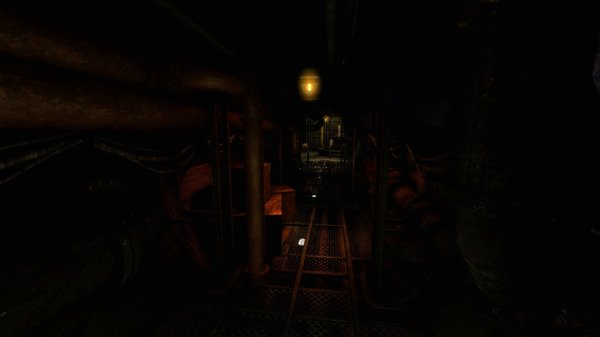 A screenshot from Amnesia: A Machine for Pigs showing a dimly lit industrial hallway with rusted pipes and a glowing light in the distance.