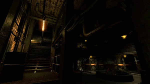 Screenshot of "Amnesia: A Machine for Pigs" showing a dimly lit industrial area with stairs and pipework.