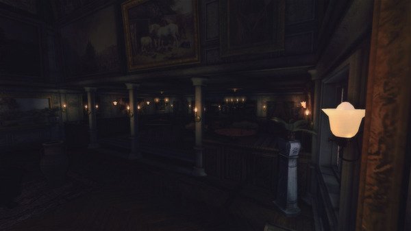 Screenshot from Amnesia: A Machine for Pigs showing a dimly lit, ornate room with paintings and pillars, creating a haunting atmosphere.