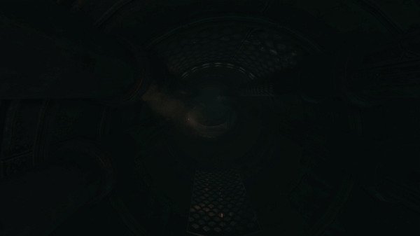 Screenshot from Amnesia: A Machine for Pigs, showing a dark, industrial pipe tunnel with faint light illuminating the metal grating.