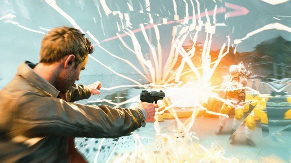 Quantum Break screenshot: A character aims a handgun at an enemy amidst dynamic, colorful time distortion effects.