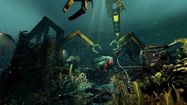 Underwater scene from SOMA screenshot featuring robotic arms, coral, and machinery amidst a deep-sea environment.