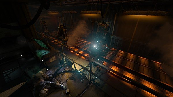 SOMA screenshot: A dimly lit industrial hallway with robotic figures and glowing lights, featuring steam and a fallen humanoid figure.