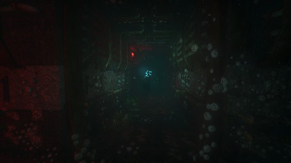 Screenshot from SOMA showing a dimly lit underwater corridor with glowing lights and a shadowy figure ahead.