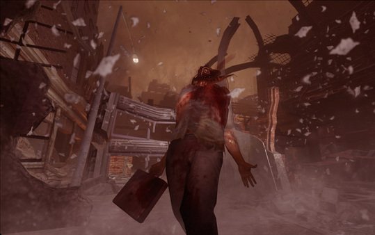 Screenshot from F.E.A.R. 2: Project Origin showing a character in a damaged urban setting, surrounded by debris.
