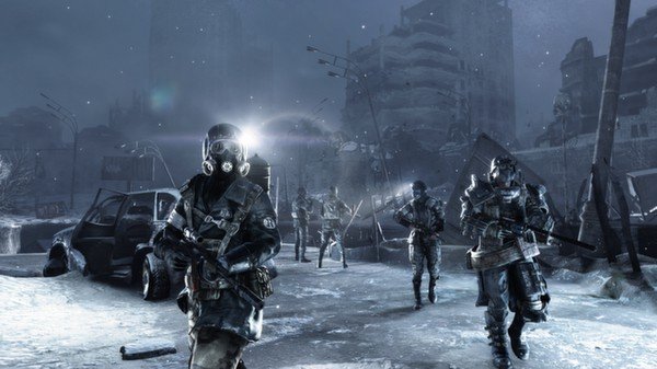 Screenshot from Metro 2033 Redux showing armed soldiers in gas masks walking through a snowy, post-apocalyptic cityscape.