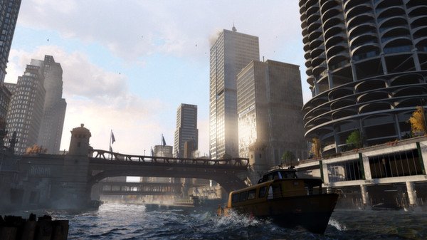 Watch Dogs screenshot: A boat navigates a river in a cityscape with tall buildings and a bridge under a cloudy sky.