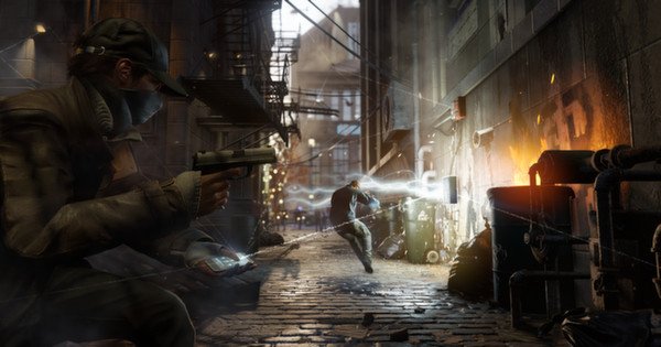 A 'Watch Dogs' screenshot showing a character in a cap with a gun, using a device. Another person runs down a dimly lit alley.