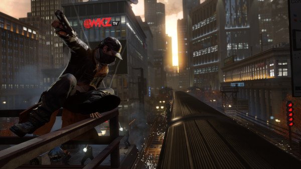 A Watch Dogs screenshot showing a masked character perched on a railing above a train in a bustling cityscape at sunset.