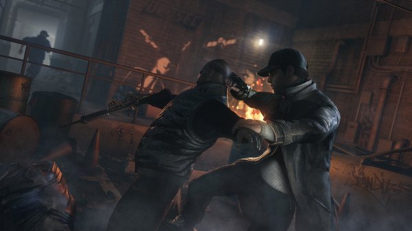A tense fight scene in a dimly lit alley from Watch Dogs. Two characters are engaged in combat. Screenshot captures the dramatic moment.
