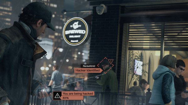 Screenshot from Watch Dogs showing a character hacking another person on a busy city street at night.
