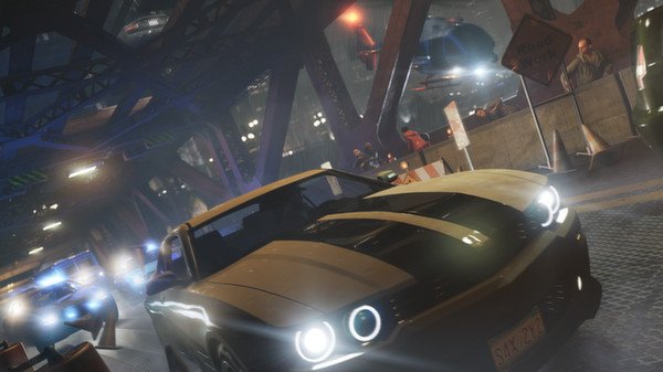 A Watch Dogs screenshot featuring a sports car speeding under a bridge, pursued by police vehicles and a helicopter above.