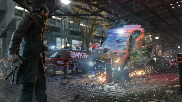 Watch Dogs screenshot: Aiden Pearce uses a hacking device, causing a police van to crash in a busy urban street.