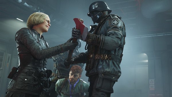 Screenshot from Wolfenstein II: The New Colossus showing a confrontation between a resistance fighter and a Nazi officer.