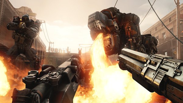 Screenshot from Wolfenstein II: The New Colossus showing two giant mechs in battle amidst explosions in a cityscape.