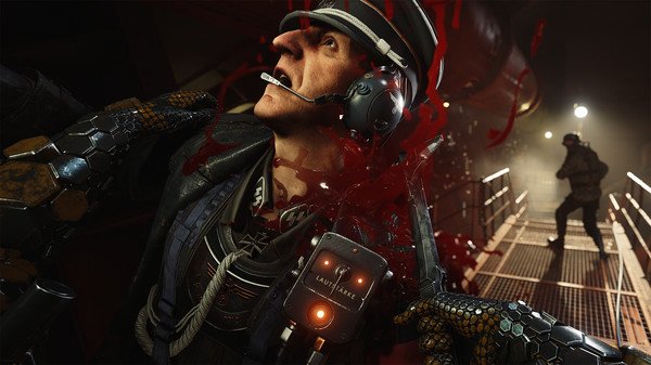 Screenshot from Wolfenstein II: The New Colossus showing an intense combat scene with a soldier attacking an armored enemy.