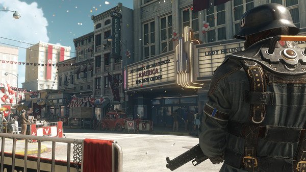 Screenshot from Wolfenstein II: The New Colossus showing a soldier with a rifle in a city street filled with shops and banners.