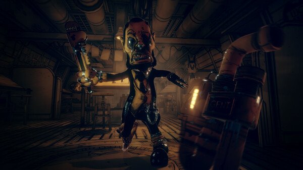 Screenshot from Bendy and the Dark Revival shows a menacing character holding a wrench in a dimly lit, industrial setting.