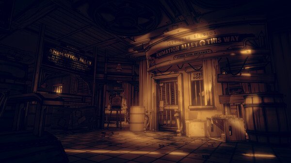 A screenshot from Bendy and the Dark Revival shows a dimly lit Animation Alley with a ticket booth and scattered debris.