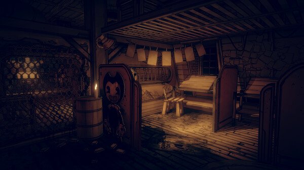 Screenshot from Bendy and the Dark Revival showing a dimly lit room with wooden furniture and a Bendy cutout near a candle.