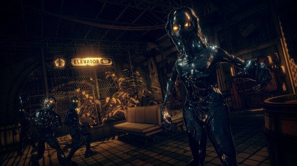 Screenshot from 'Bendy and the Dark Revival' showing eerie, ink-covered creatures in a dimly lit room near an 'Elevator Up' sign.