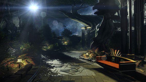 Screenshot from the game Prey showing a futuristic garden with a bench, large trees, and glowing lights under a starry sky.
