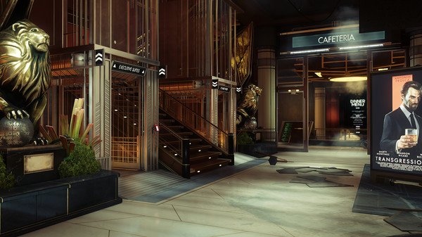 A screenshot from Prey showing a cafeteria area with lion statues, a staircase, and posters in a futuristic interior setting.