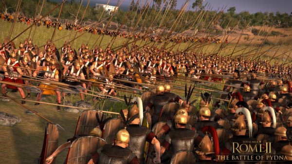 Screenshot from Total War: Rome II - Emperor Edition showing Roman soldiers clashing with enemy forces in a grassy battlefield.