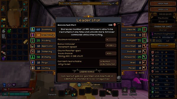 Barony screenshot: Leadership skill menu displayed with attributes, bonuses, and stats, surrounded by inventory and character details.
