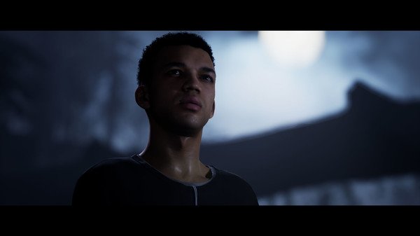 Screenshot from The Quarry game showing a character standing in the moonlit night, gazing upward with an intense expression.