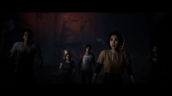 A screenshot from The Quarry showing a group of characters standing together in a dimly lit outdoor setting.