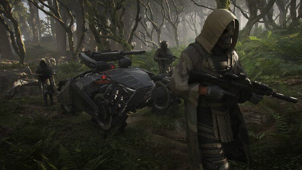 A screenshot from Tom Clancy's Ghost Recon Breakpoint showing armed soldiers and a robotic vehicle in a dense forest.