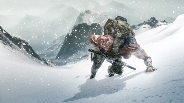 Screenshot from Tom Clancy's Ghost Recon Breakpoint showing a soldier climbing a snowy mountain, surrounded by falling snowflakes.