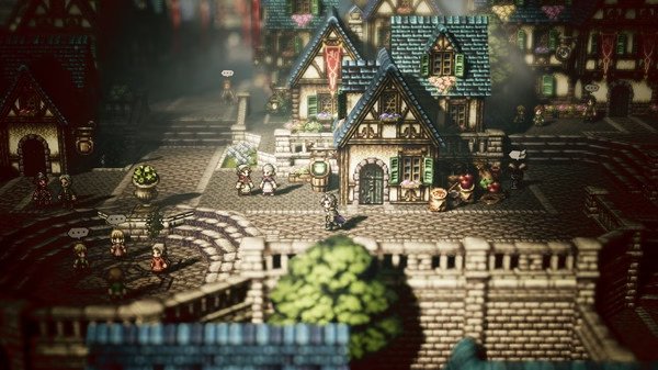Screenshot of Octopath Traveler showing a vibrant medieval-style town with stone paths, houses, and characters walking around.