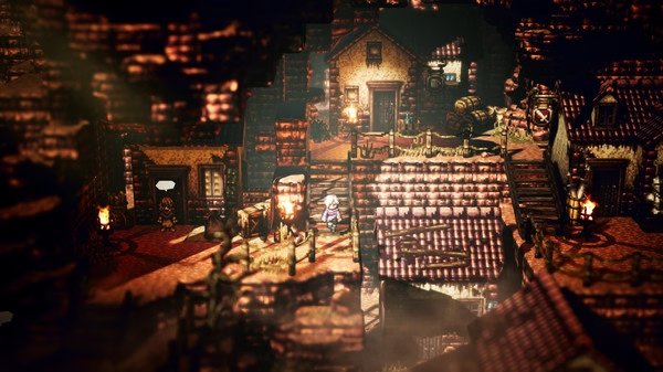 Octopath Traveler screenshot: A character stands in a rustic village with cobblestone paths and warmly lit houses at dusk.