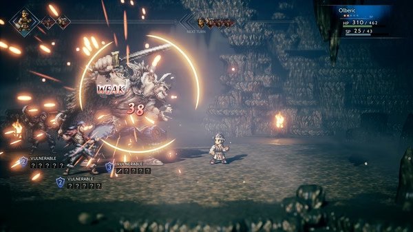Screenshot from Octopath Traveler showing Olberic battling enemies in a dimly lit cavern, with damage and vulnerability indicators visible.