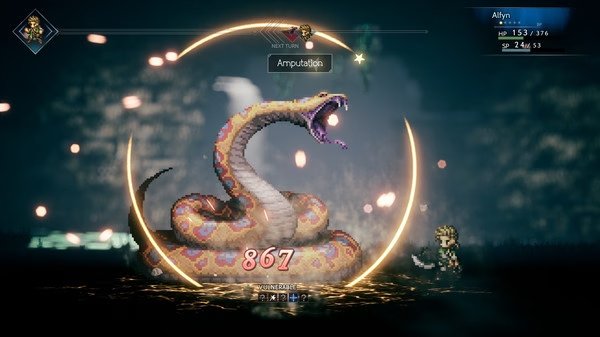 Octopath Traveler screenshot: A large snake enemy faces a character named Allyn with a curved sword in battle.