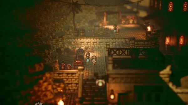 Octopath Traveler screenshot: Characters explore a dimly lit, bustling marketplace with stone architecture and glowing lanterns.