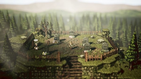 Octopath Traveler screenshot: A character stands near gravestones in a fenced grassy area, surrounded by lush forest and distant hills.